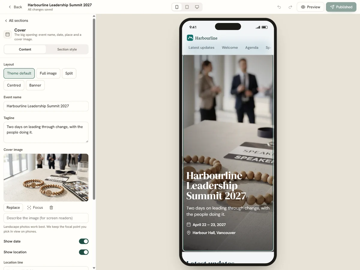 The WearableEvents page designer: the cover settings beside a live phone preview of an event page