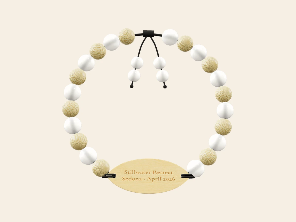 Wellness Retreat — Moonstone and natural bamboo on a pale birch petal tag. Rendered in the Wearable Events 3D designer.