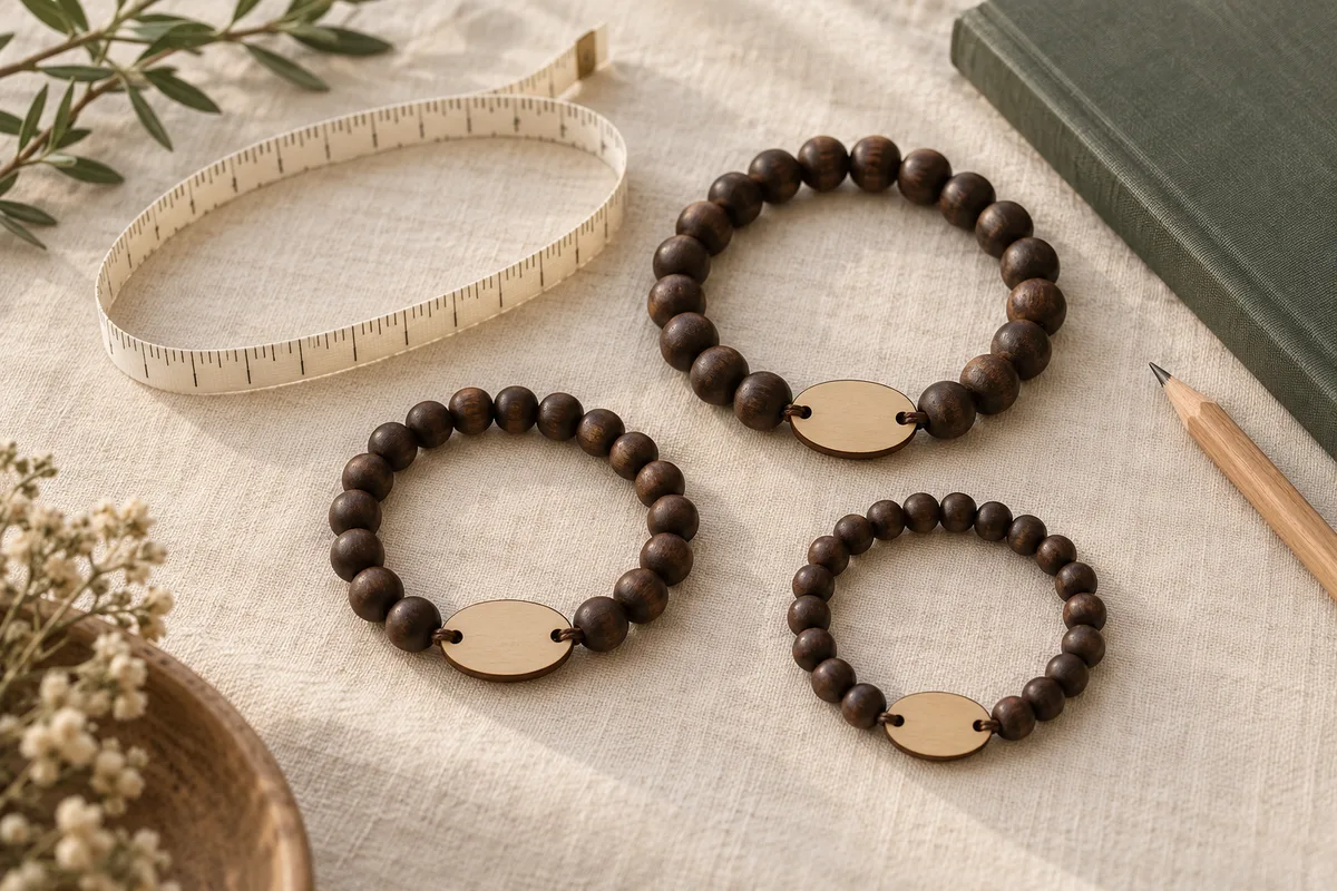 Illustration of three wooden bead bracelets beside a flexible measuring tape and green notebook