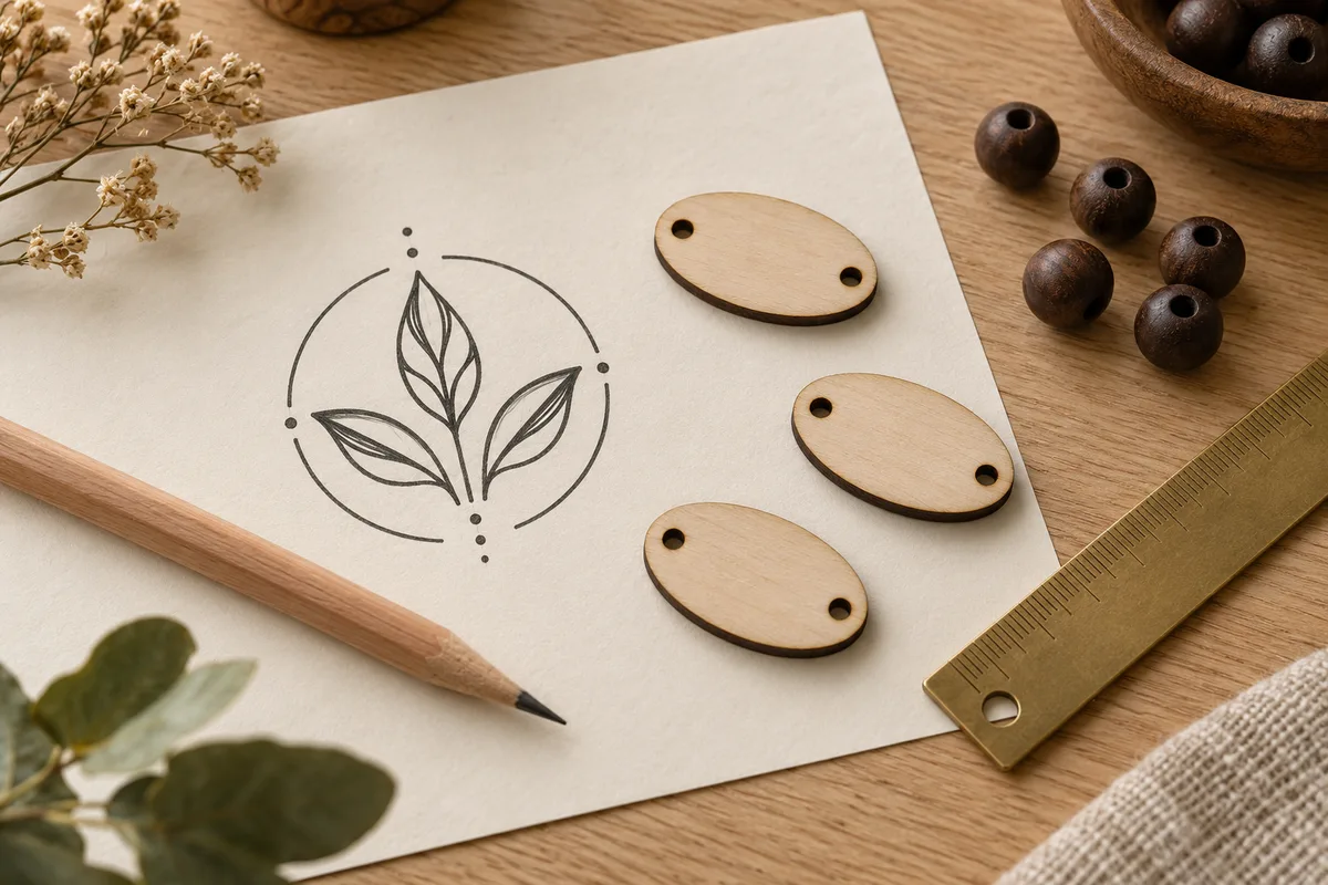 Illustration of a leaf logo sketch, blank oval wood tags, dark beads and a ruler on a worktable